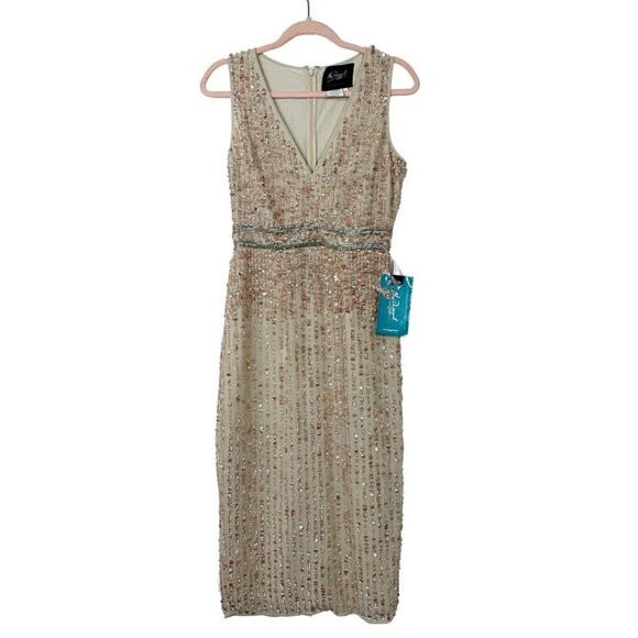 FLAW - NWT Mac Duggal Sequined Sleeveless V-Neck Midi Sheath Dress Nude 4 #9851 - Picture 4 of 14